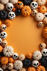 Naklejka na ściany i meble Frame made of Halloween pumpkins on orange background, top view. Space for text
