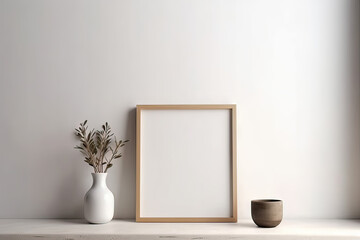 Fototapeta na wymiar Blank wooden picture frame mockup in modern interior. Vertical template mock up for artwork, painting, photo or poster in interior design, generative AI