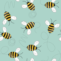 Seamless pattern with bees on color background. Small wasp. Vector illustration. Adorable cartoon character. Template design for invitation, cards, textile, fabric. Doodle style