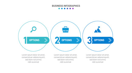 Timeline infographic with infochart. Modern presentation template with 3 spets for business process. Website template on white background for concept modern design. Horizontal layout.