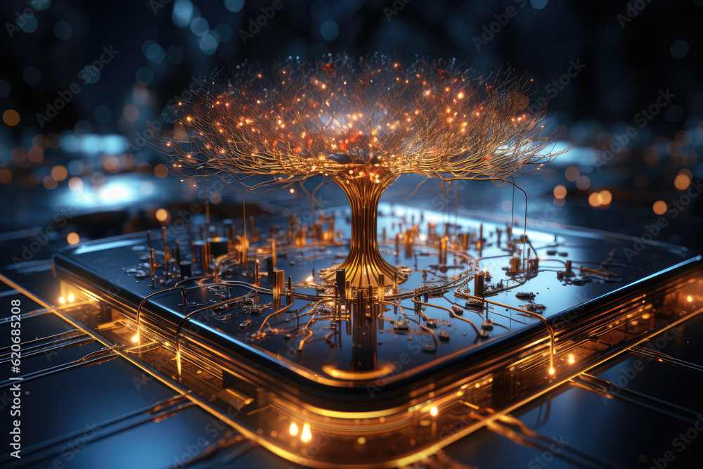 Poster illustrating the concept of artificial intelligence with a technology web background, symbolizing th