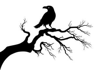 Raven on a branch of dry tree Silhouette. design element for Halloween. Vector illustration