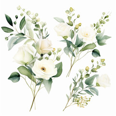 Watercolor floral illustration bouquet - white flowers. Wedding stationary, greetings, wallpapers, background, set