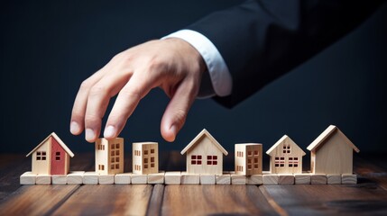 A person placing a house on top of a block of wood