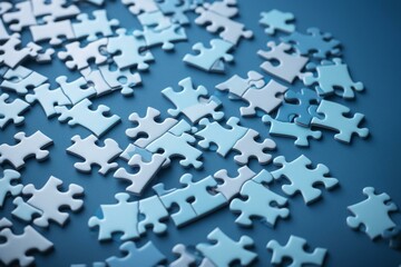 Puzzle pieces on light blue. Autism awareness. Top view, copy space. Generative AI