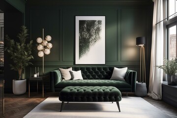 3D model of a poster frame in a luxury green living room. Calm and modern interior design. Generative AI