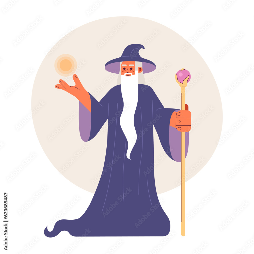 Poster old wizard flat concept vector spot illustration. mysterious magician with long silver beard and mag