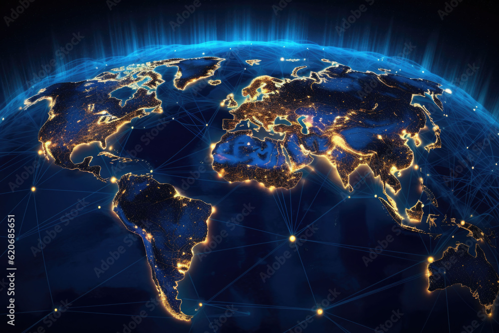 Wall mural global network connection covering the earth with lines of innovative perceptron. generative ai