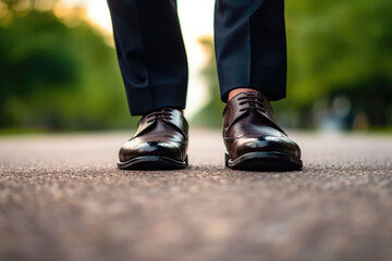 Businessman walk on road, close up shoes. Male shoes and trousers in walking position. Generative AI