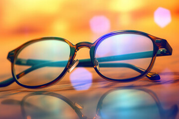 Fototapeta na wymiar Eyeglasses with bokeh in the background. Selection of glasses for vision concept. Generative AI