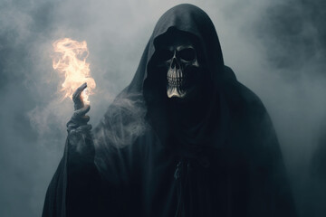 Fototapeta na wymiar Grim reaper emerging from smoke. Horror and Halloween concept. Generative AI
