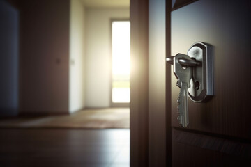 Open door with key in padlock and new apartment on blurred background. Generative AI