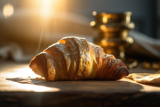 Croissant in soft golden light with elegant presentation with napkin on background. Generative AI