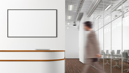 Blank horizontal poster mock up on the wall above office reception desk