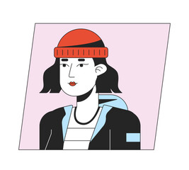 Cute caucasian woman with short black hair flat color cartoon avatar icon. Editable 2D user portrait linear illustration. Isolated vector face profile clipart. Userpic, person head and shoulders