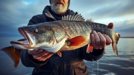 Obraz premium A fisherman holds a freshly caught big fish in his hands. Generative Ai. 