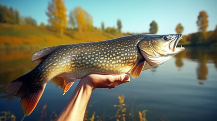 A fisherman shows a freshly caught big fish. Generative Ai. 