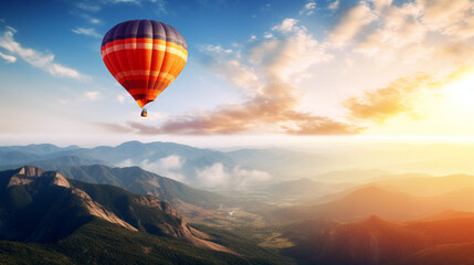 hot air balloon in the mountains at sunset. Generative Ai. 
