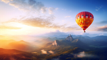 hot air balloon in the rays of the rising sun in the highlands. Generative Ai. 