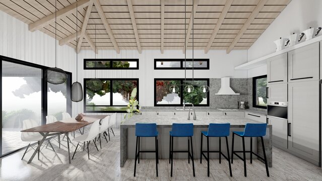 A 3D rendering of interior design for a country house 