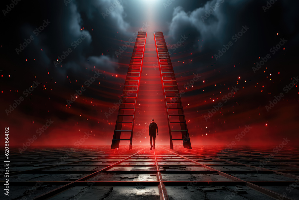 Poster highlights a long red ladder leading to a goal target, symbolizing progress and success in a busines