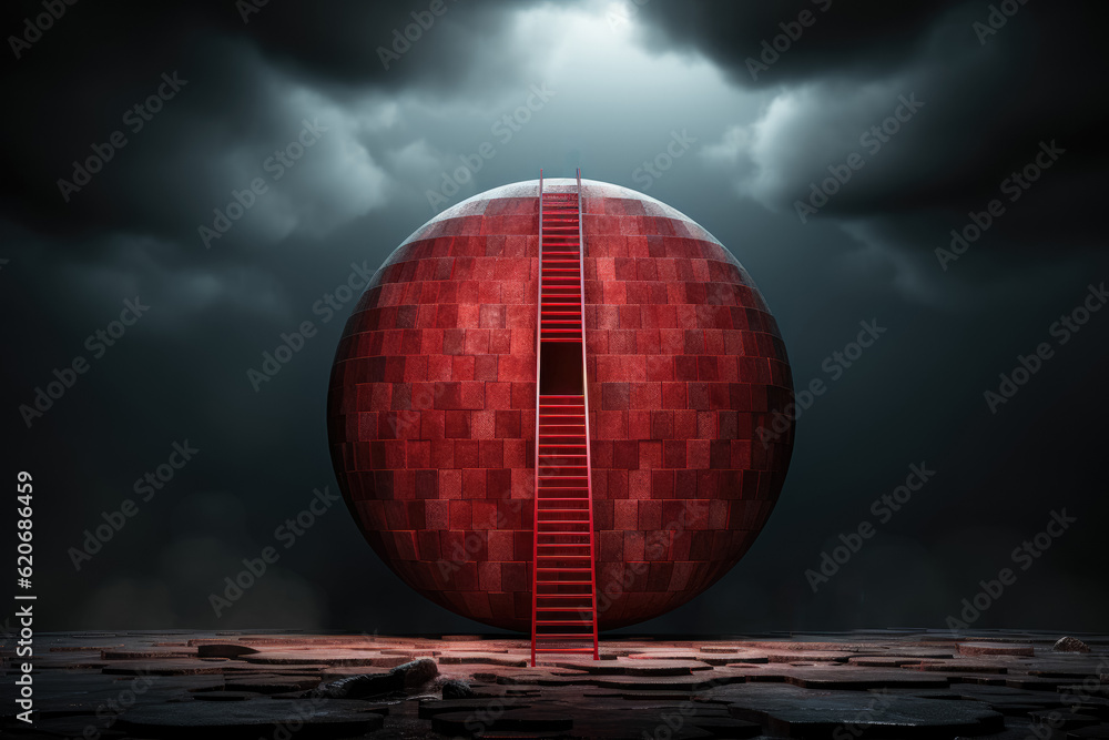 Poster highlights a long red ladder leading to a goal target, symbolizing progress and success in a busines
