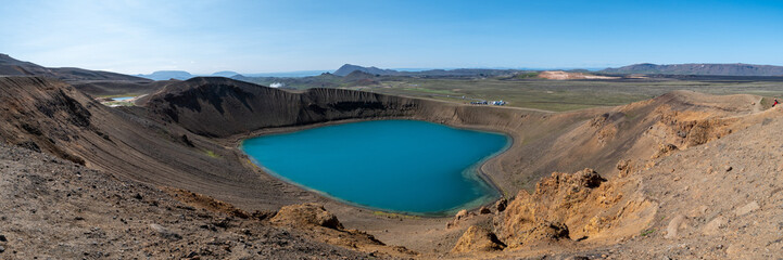 Panoramic image of green Askja volcano crater lake in Iceland
