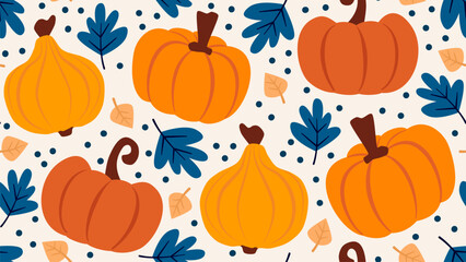 Cute colorful hand drawn seamless vector pattern background illustration with pumpkins and blue and yellow leaves