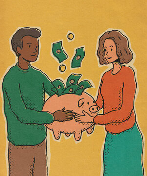 Illustration Of Ethnically Diverse Couple Saving Money