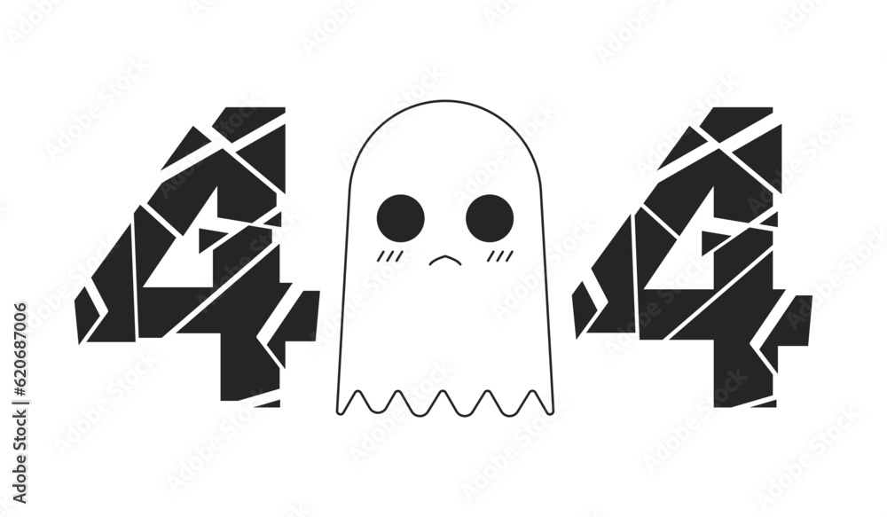 Poster cute small ghost black white error 404 flash message. crystal shattering 404. monochrome empty state