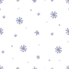 Christmas snowflakes seamless pattern, winter image on white background.  Traditional vintage style gift wrap design.Hand-drawn watercolor digital paper