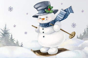 Watercolor hand-drawn funny snowmen skiing. Winter Christmas holidays card. Cute snowman in a hat and scarf on a snowy winter field landscape. Merry Christmas postcard