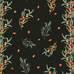 Watercolor seamless pattern of sea buckthorn branch isolated on black background. Botanical illustration with orange berries and green leaves for room decor, print, postcards, textile design.