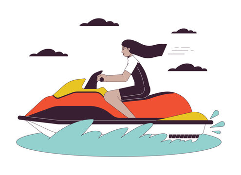 Jet Ski Riding Flat Line Vector Spot Illustration. Swimwear Arab Woman On Water Scooter 2D Cartoon Outline Character On White For Web UI Design. Watercraft Jetski Editable Isolated Colorful Hero Image