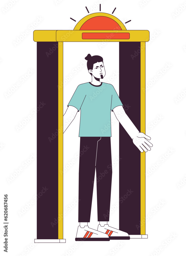 Poster metal detector go off at airport flat line vector spot illustration. annoyed man stands in security 