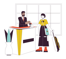 Hotel lobby check in flat line vector spot illustration. Receptionist giving room key to asian tourist 2D cartoon outline characters on white for web UI design. Editable isolated colorful hero image