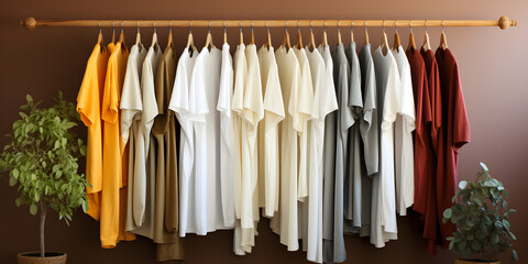 T-shirt hanging on a clothesline, beautiful simple background for high end trendy clothing store Long-sleeved and oversized T-shirts Generative AI