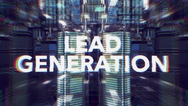 Lead Generation type set against a beautiful abstract city  landscape. The metropolis is huge with moving and twisting buildings. A abstract business / technology concept. 