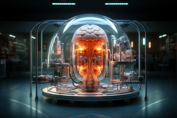 Futuristic Ai brain concept in laboratory, for future technology. Generative AI