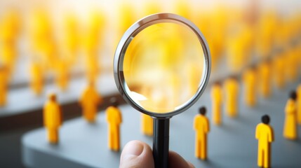 A hand holding a magnifying glass over a group of people