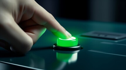 A person pressing a green button on a table
