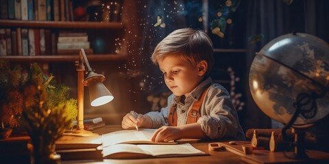 Generative AI. Young learner sitting at the desk. Little child sitting at the desk in front of the laptop. Back to school concept. 