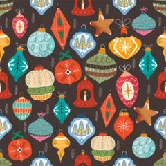 Tapeten Christmas seamless pattern with christmas tree toys. Cute holiday wallpaper background with decoratie elements. Stock vector illustation on dark background © jeksonjs