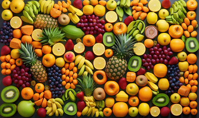  a large amount of fruits and vegetables are arranged in a pattern.  generative ai