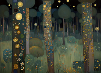 Abstract nighttime enchanted forest with golden jeweled trees stars and flowers art nouveau painting