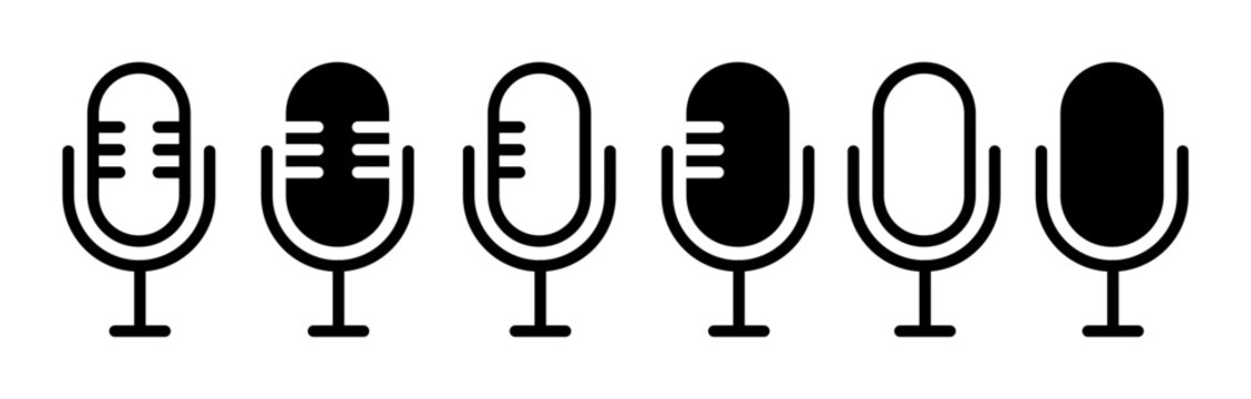 Podcast microphone icon set. Radio mic vector sign. Record voice audio microphone thin line symbol. Microphone button set.