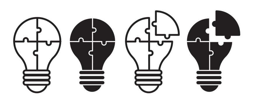 Light bulb puzzle icon set in filled and outlined style. problem solution or solve lamp lightbulb icon set. smart  creative idea pictogram.