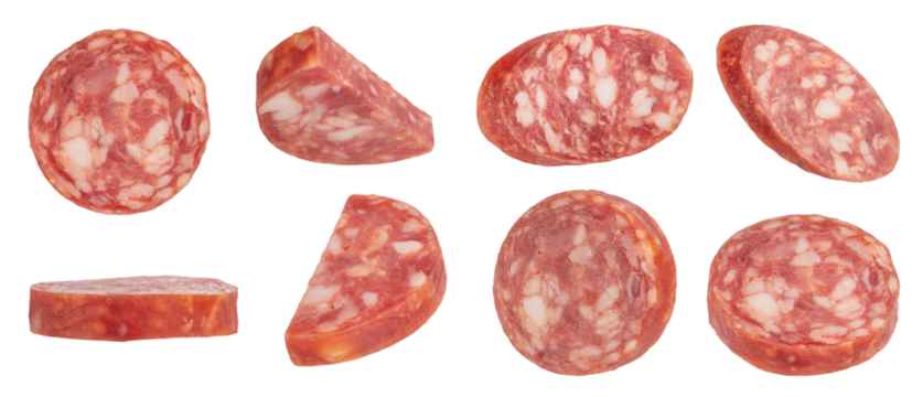 Dried sausage slices on a white isolated background. Sausage slices in different cuts are suitable for inserting into a design or project.