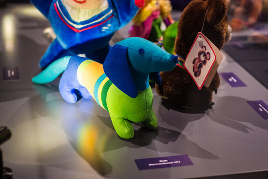 Tartu, Estonia - June 10, 2023: Olympic mascot doll Waldi from Munich 1972. Collection of official symbolic toys from Olympic Games.