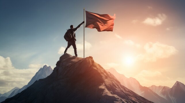 A man triumphantly standing on a mountain peak, proudly waving a flag